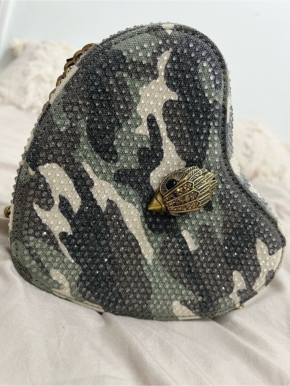 Kurt Geiger Camo Crystal Heart Crossbody in Green, Gray, Cream